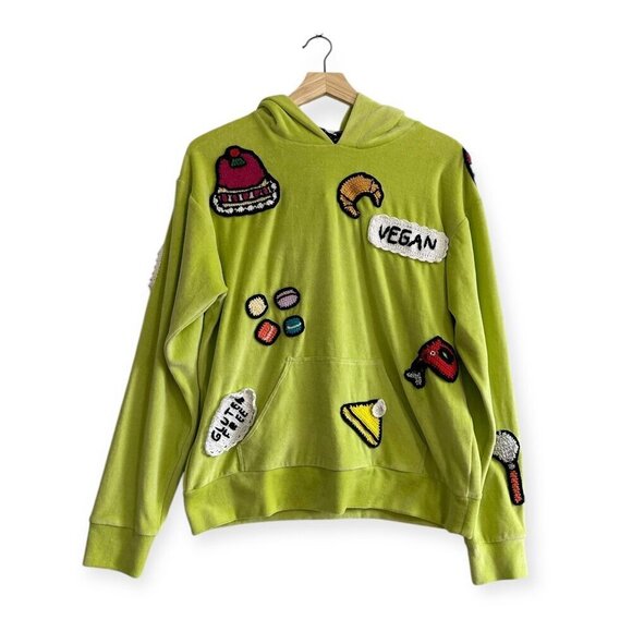 Michaela Buerger Light Green Velour Hoodie with Crochet Patches SizeS